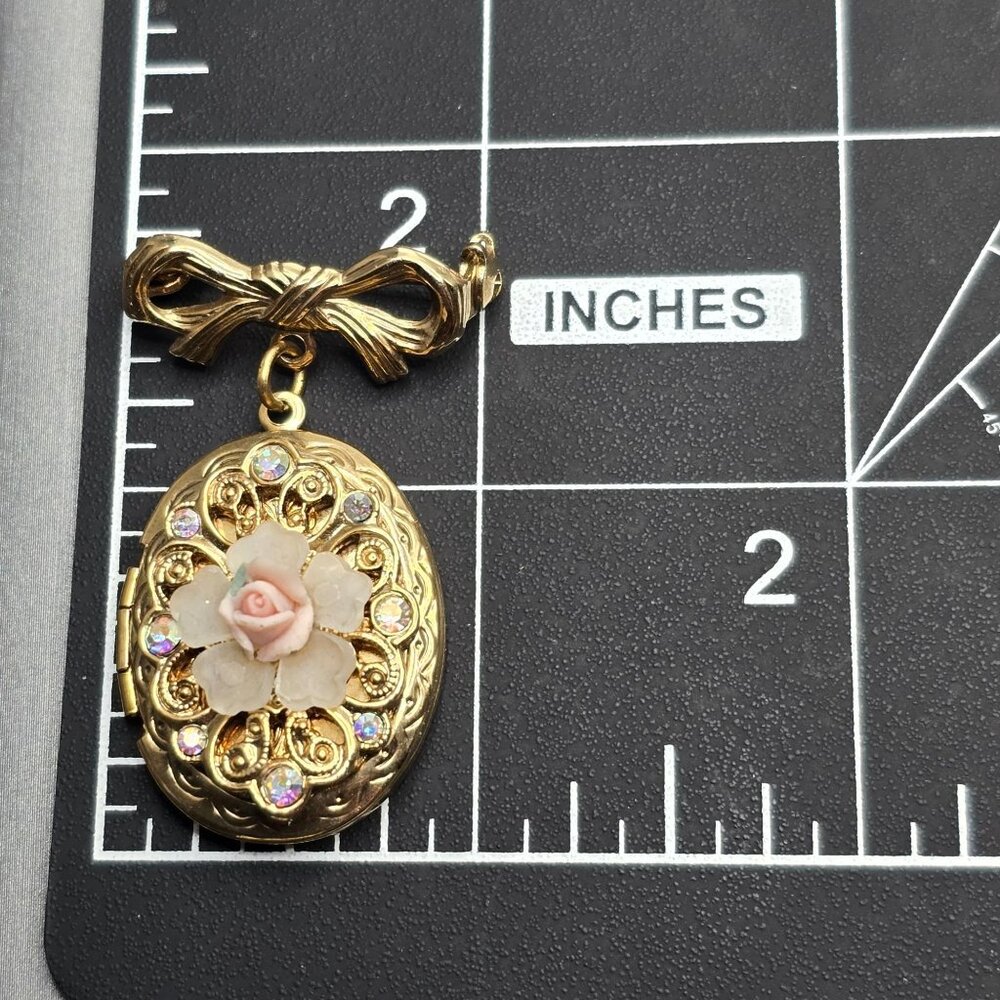 VTG Victorian Revival Gold-Tone Bow & Floral Locket Brooch 1.75" AB Rhinestones - Picture 11 of 11